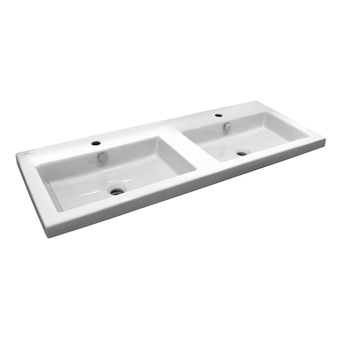 Square Раковина 121,5х46х19 см подвесная с двойным углублением, сливом и креплениями белая